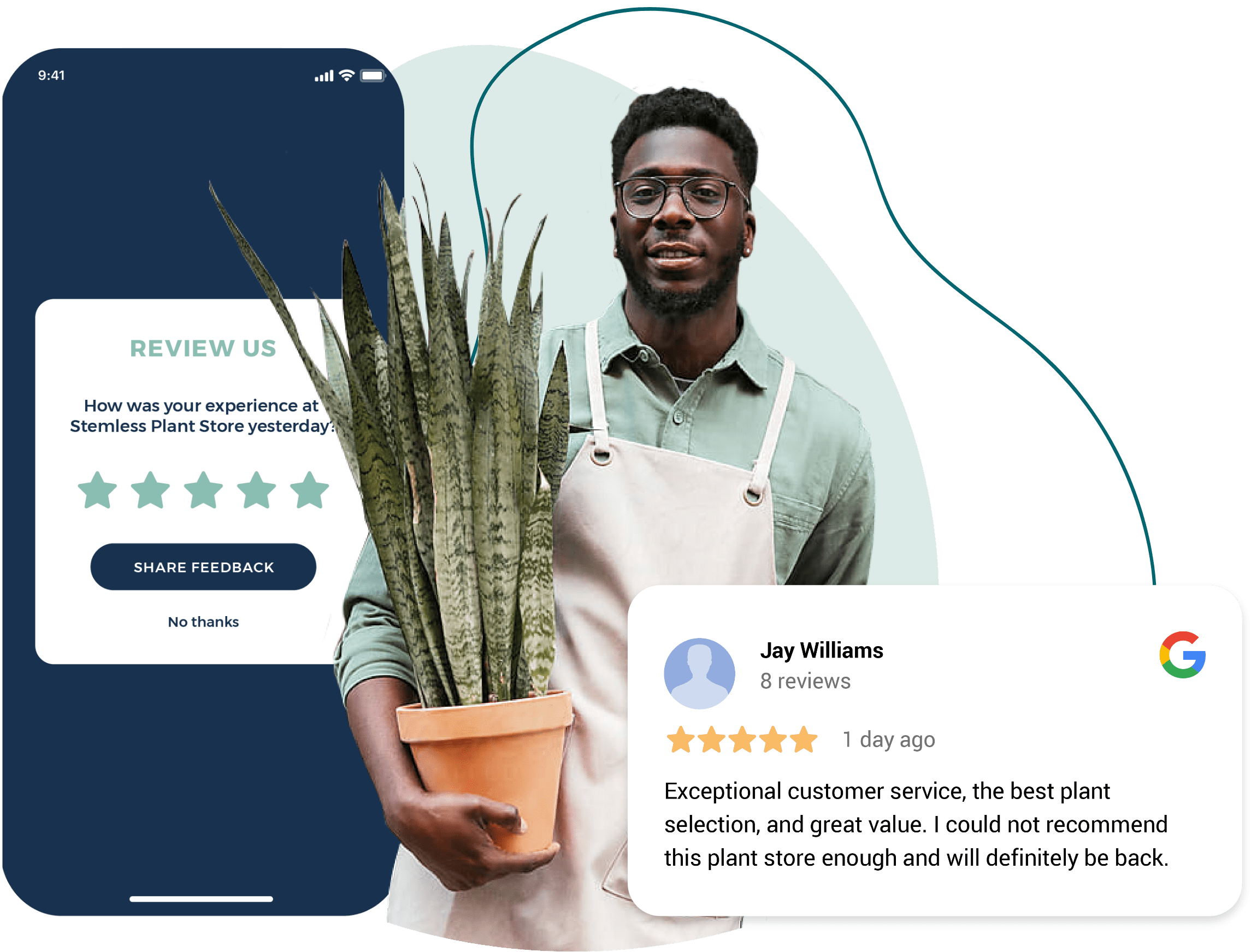 Get 5 star reviews and rave reviews on google and yelp by automating customer feedback with Stemless